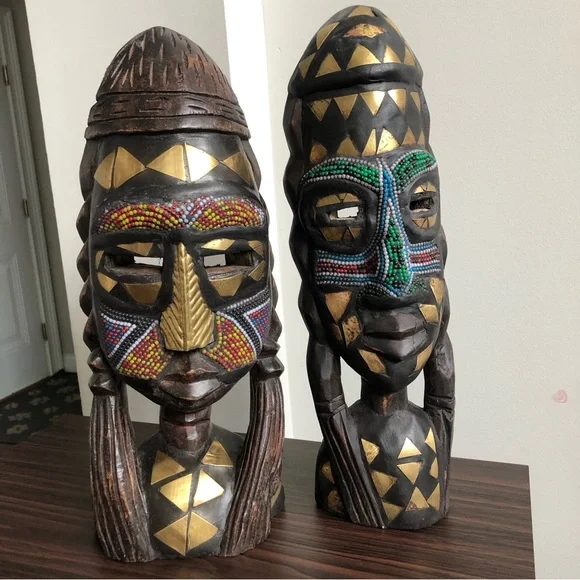 (2) Beautifully Adorned Vintage West African Fulani Peul Fulbe Tribe Sculptures
